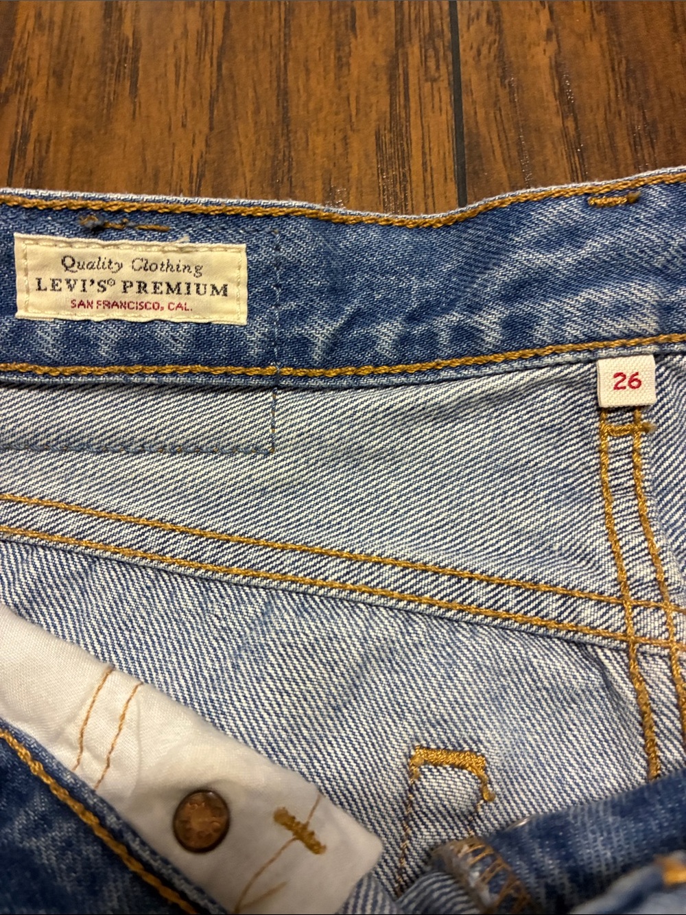 Levi's Light Blue Distressed Denim Mini Skirt with Yellow Stitching - Picture 4 of 5
